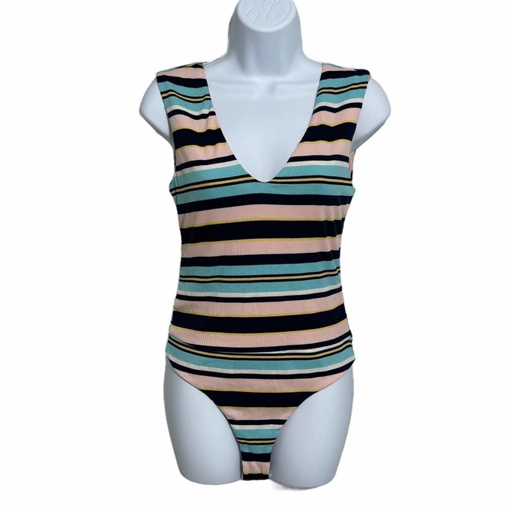 AFRM Mooni Striped Ribbed V-Neck Sleeveless Bodysuit Pink Blue Yellow Small